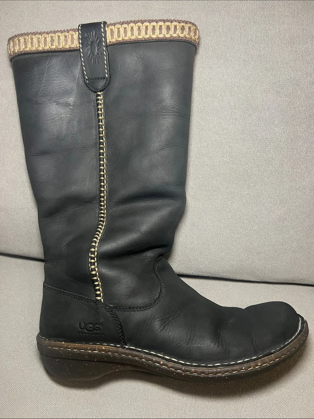 UGG Swell Tall Black Leather Mid-Calf Boot w/ Tan Trim Stitching - Women size 9